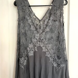 POL lace and cotton a-line sleeveless grey top